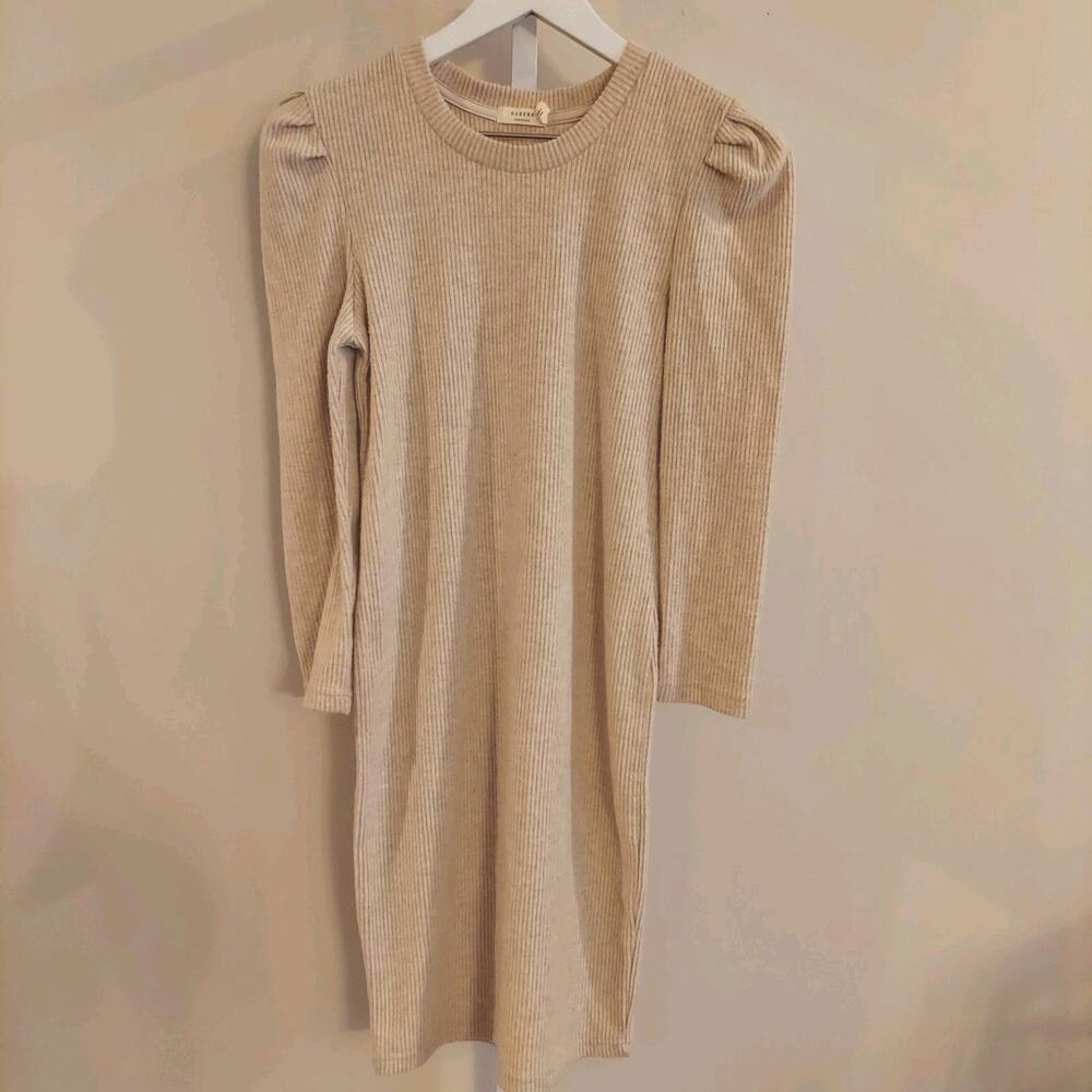 Harper Sweater Dress Small Neutral Light Academia Puff Long Sleeve Minimal Cozy‎